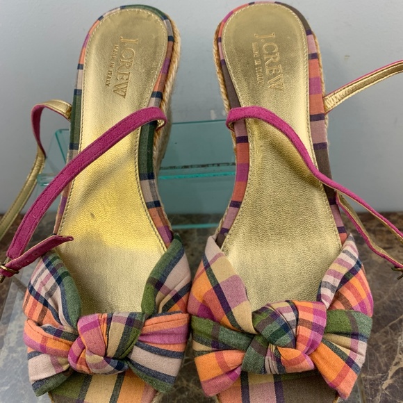 J Crew Italy Plaid Slingback Open Toe Wedge Heel 8 - Picture 4 of 8